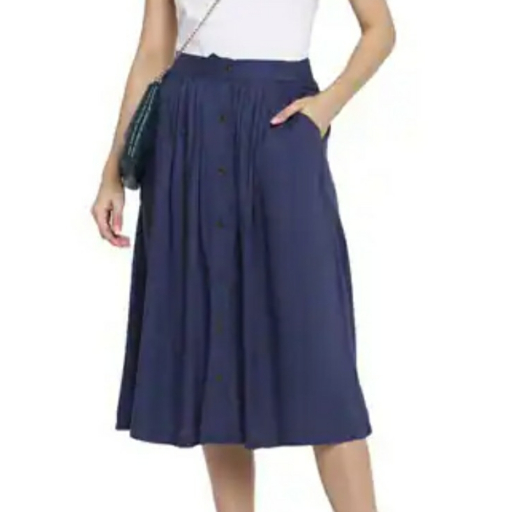 National Summer Casual Front Button A-Line Midi Skirt with Pockets Size L